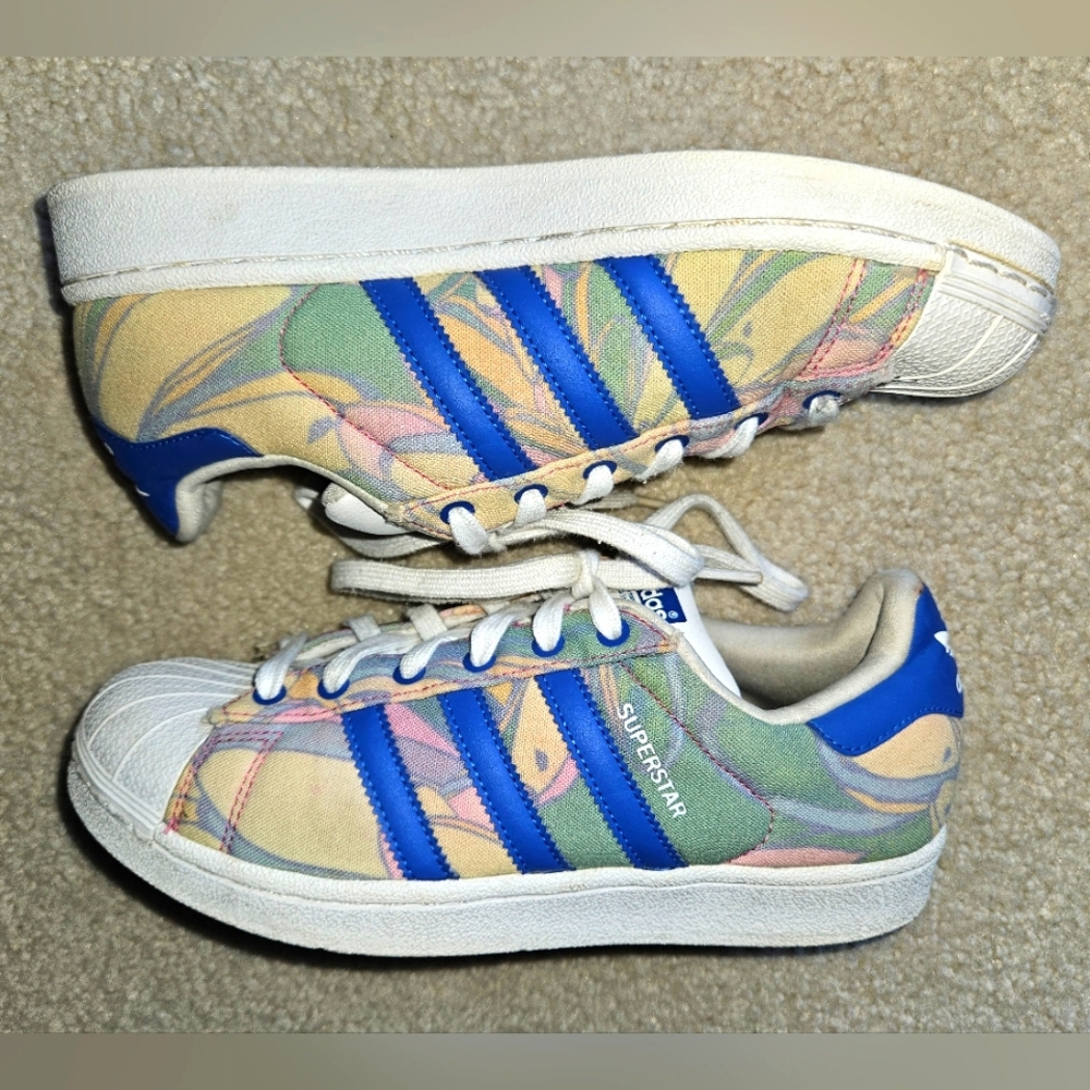 RARE Adidas Superstar Cloth Trainers Floral Sneakers Womens 7 Yellow Blue Pink - Picture 4 of 10